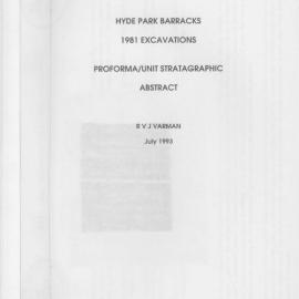 Hyde Park Barracks 1981 Excavations Proforma/Unit Stratigraphic Abstract.