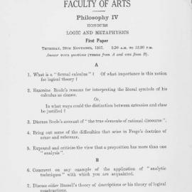 Philosophy IV Honours Logic and Metaphysics First Paper, 1957