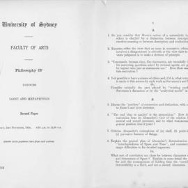 Philosophy IV Honours Logic and Metaphysics Second Paper, 1958
