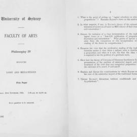 Philosophy IV Honours Logic and Metaphysics, 1958