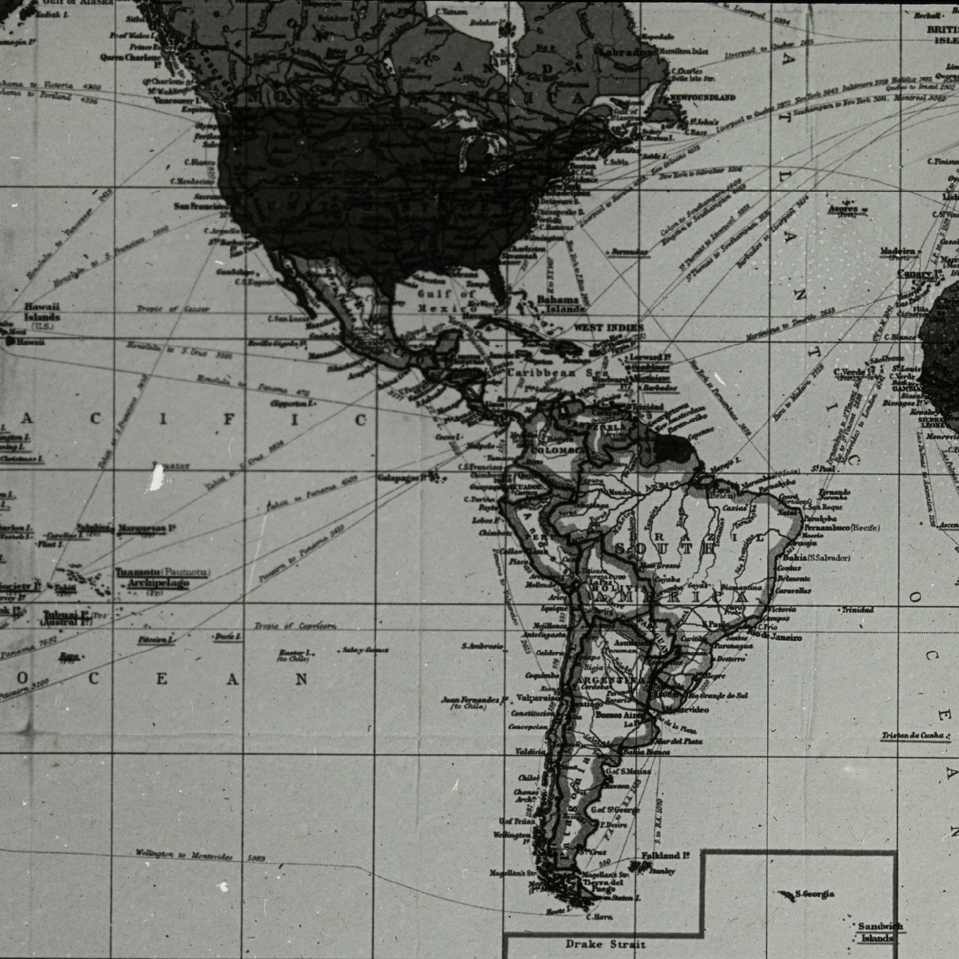 Map of Canada, North America, South America and the Pacific Ocean.
