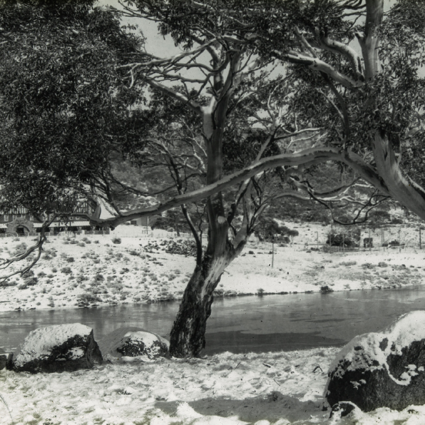 Winter river and house in background (Hotel Kosciusko NSW)
