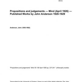 Propositions and judgements — Mind (April 1926) — Published Works by John Anderson 1920-1929