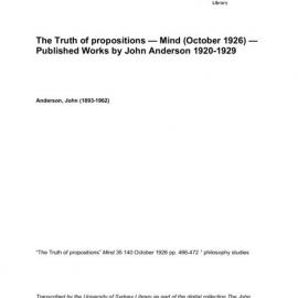 The Truth of propositions — Mind (October 1926) — Published Works by John Anderson 1920-1929