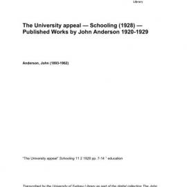 The University appeal — Schooling (1928) — Published Works by John Anderson 1920-1929 