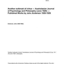 Another outbreak of virtue — Australasian Journal of Psychology and Philosophy (June 1928) — Published Works by John Anderson 1920-1929 