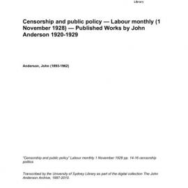 Censorship and public policy — Labour monthly (1 November 1928) — Published Works by John Anderson 1920-1929 
