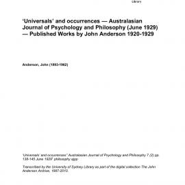 ‘Universals’ and occurrences — Australasian Journal of Psychology and Philosophy (June 1929) — Published Works by John Anderson 1920-1929 