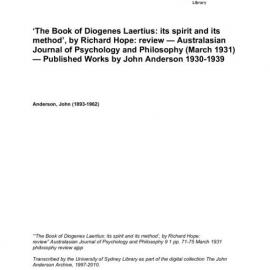 ‘The Book of Diogenes Laertius: its spirit and its method’, by Richard Hope: review — Australasian Journal of Psychology and Philosophy (March 1931) — Published Works by John Anderson 1930-1939 