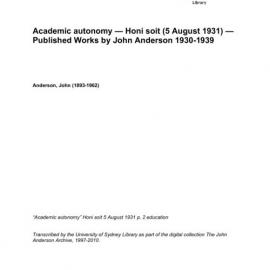 Academic autonomy — Honi soit (5 August 1931) — Published Works by John Anderson 1930-1939 