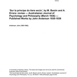 ‘Sur la principe du tiers exclu’, by M. Barzin and A. Errera: review — Australasian Journal of Psychology and Philosophy (March 1936) — Published Works by John Anderson 1930-1939 