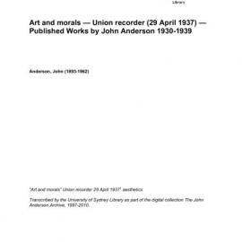 Art and morals — Union recorder (29 April 1937) — Published Works by John Anderson 1930-1939 