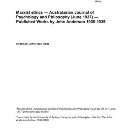 Marxist ethics — Australasian Journal of Psychology and Philosophy (June 1937) — Published Works by John Anderson 1930-1939 