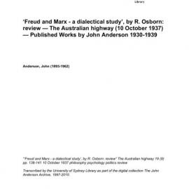 ‘Freud and Marx - a dialectical study’, by R. Osborn: review — The Australian highway (10 October 1937) — Published Works by John Anderson 1930-1939 