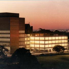 Fisher Library at night, viewed perhaps from Architecture building on City Road