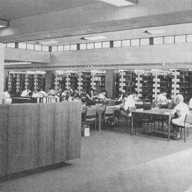 New Medical Library in the George H: Bosch Building. Library reading room as seen from reception desk area.