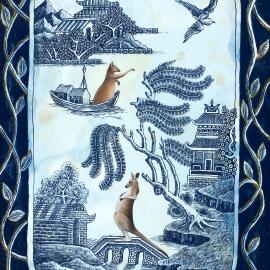 Two kangaroos in a blue haze landscape