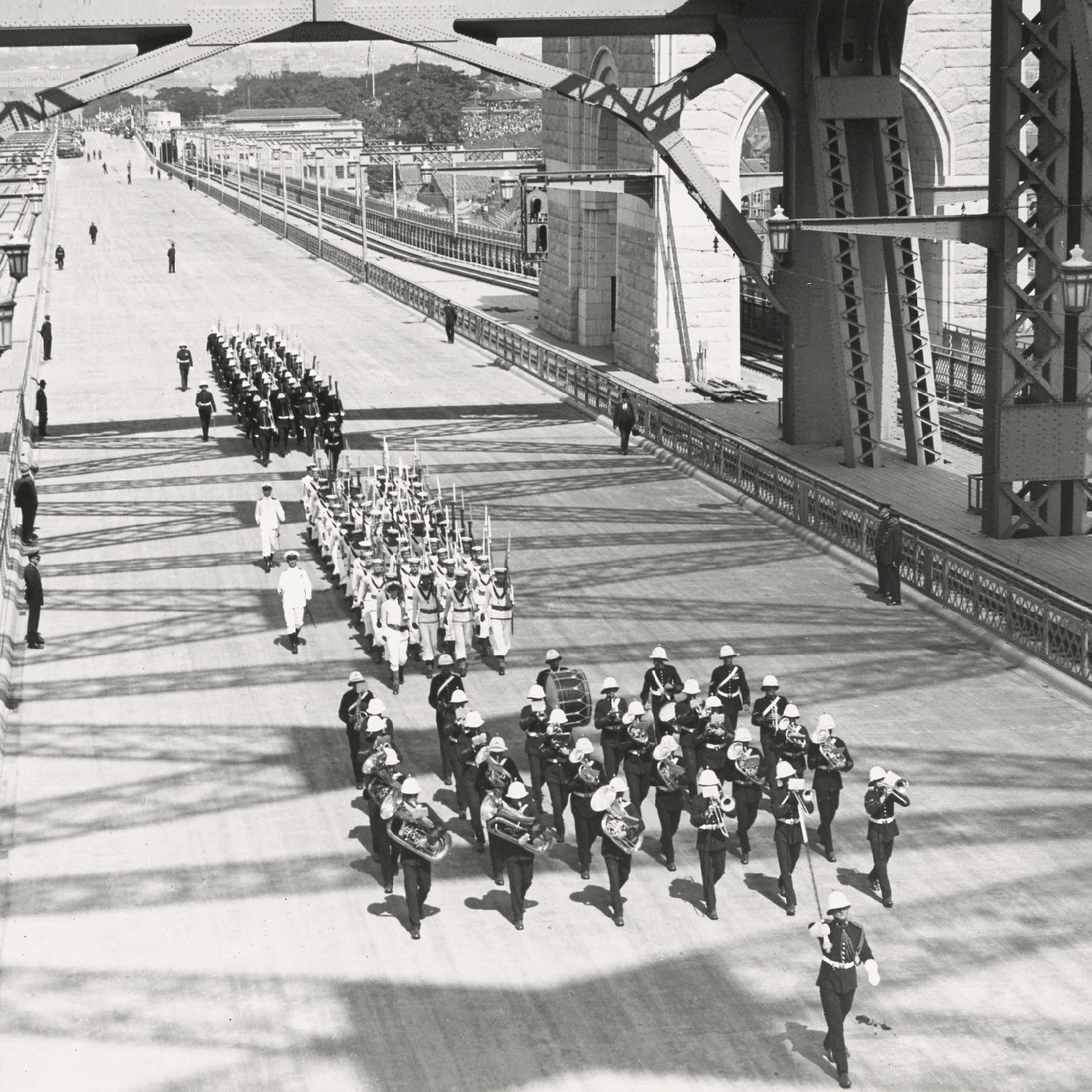 Procession crossing Sydney Harbour Bridge as part of opening celebrations (1932)