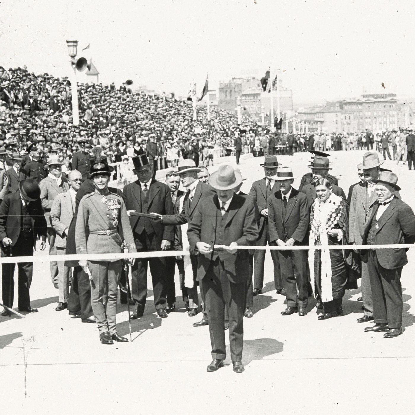 Cutting the ribbon at Sydney Harbour Bridge opening celebrations (1932) 