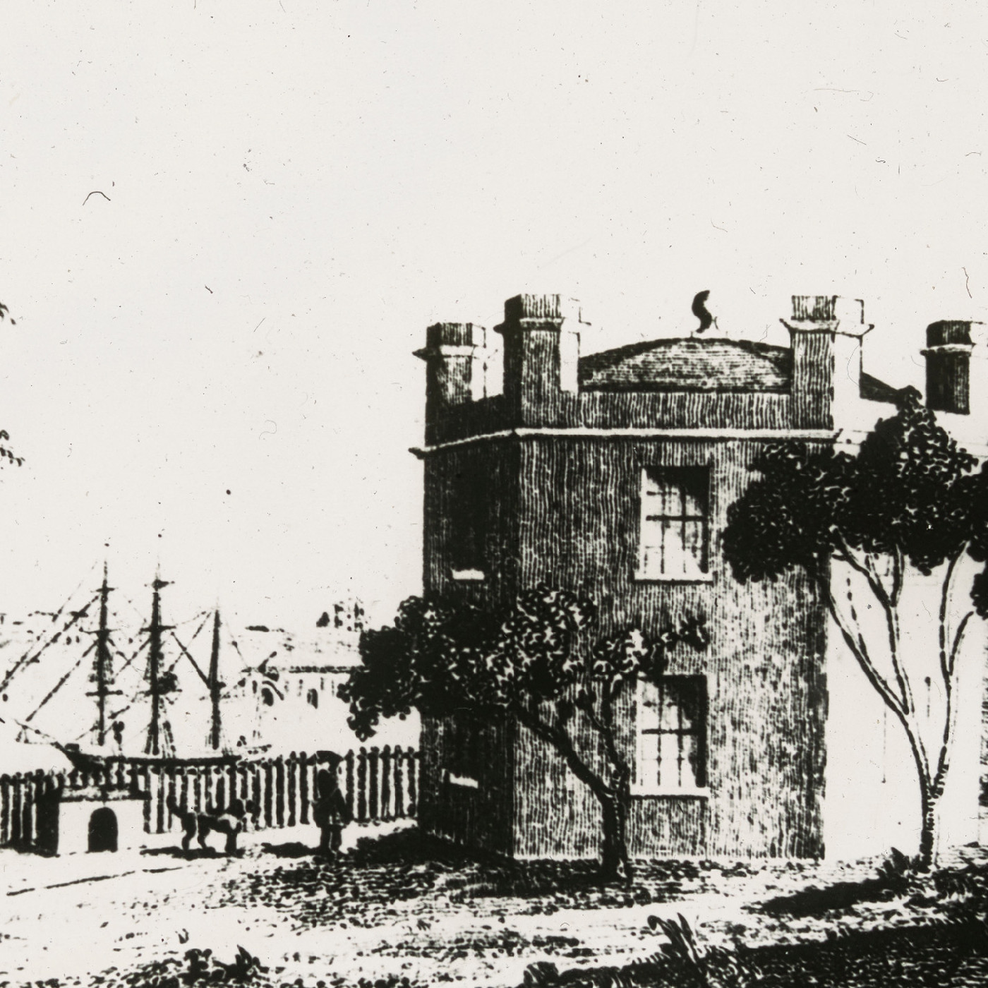 Billy Blue’s cottage & the harbour (etching, c1839)
