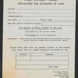 Application for extension of loan, University of Sydney Library