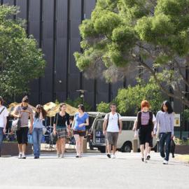 People walking from Fisher Library, 2007