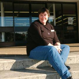 Library staff member outside Engineering Library, 2002
