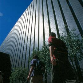 Low-angle perspective of Fisher Library Stack