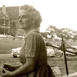 Margaret Lundie, outside Fisher Library, 1965