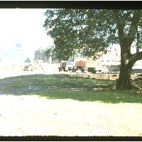 Excavation vehicles on Fisher Library construction site