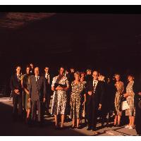 People in front of library construction site
