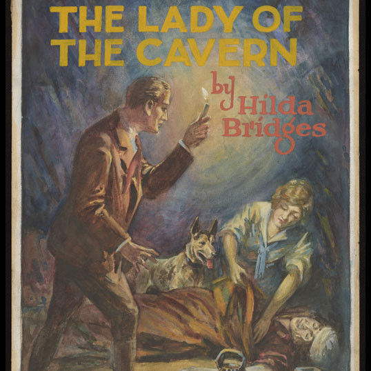 Cover art by Vernon Lorimer for 'The lady of the cavern' by Hilda Bridges