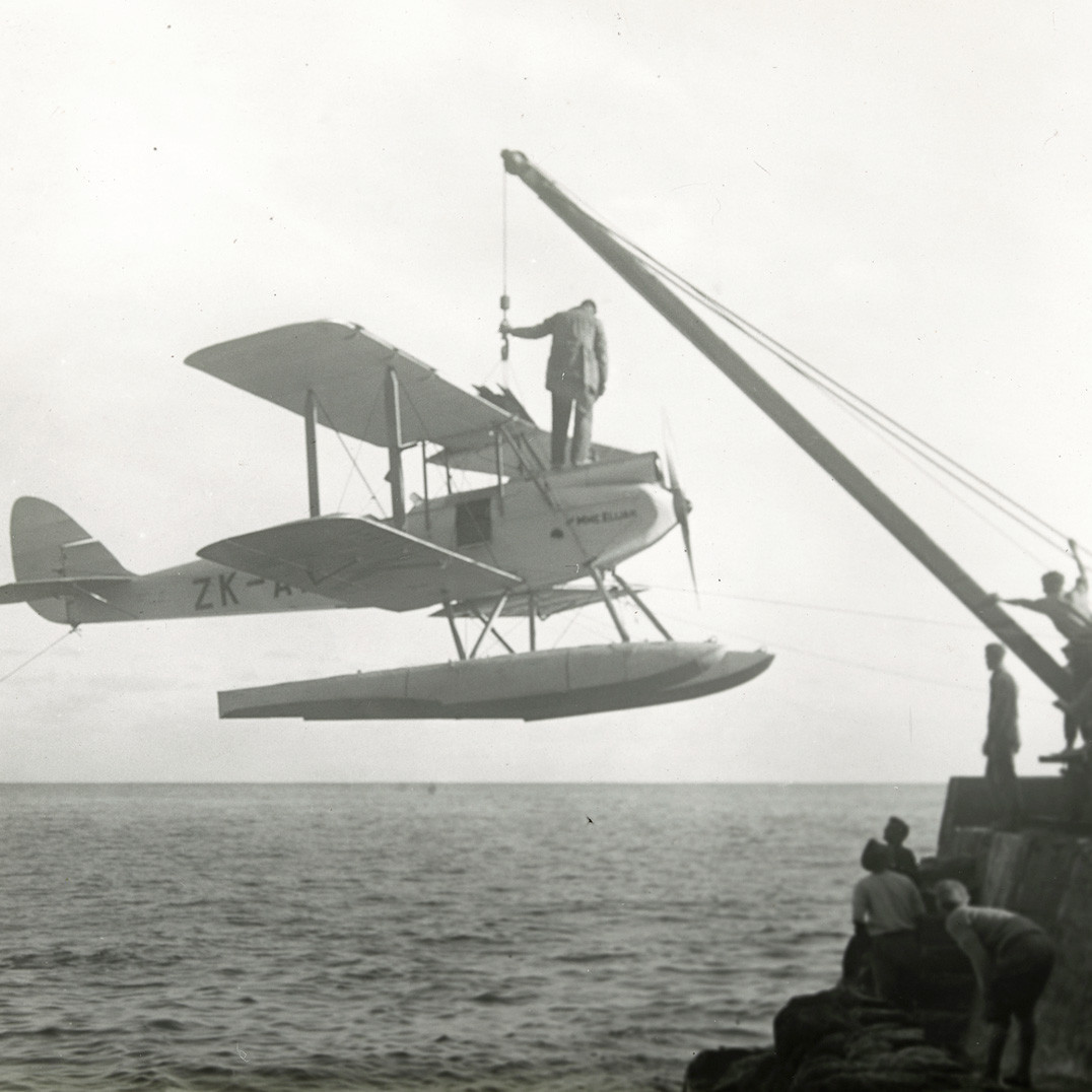 The seaplane 'Madam Elijah' lifted by crane, Norfolk Island