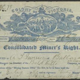 Miners rights (4), 1861-1888. [Together with] Gold licence No.50. 27 September 1854 / Colony of Victoria