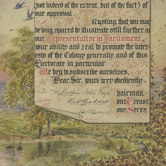 Illuminated address presented to Albert John Gould, MLA, from the electors of Patrick's Plains