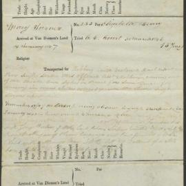 Notice of transportation [to] Van Diemens Land of Mary Turner, laundress. On ship Elizabeth Henry. Sentenced to fifteen (15) years for robbery with violence / Turner, Mary