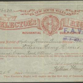  Elector's right [and] residential qualification [in the name of] William Henry Harris [of] Crown Road, Ultimo. 24 July 1895