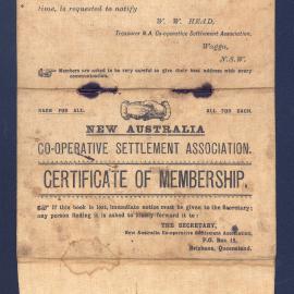 New Australia Co-operative Settlement Association. Certificate of Membership