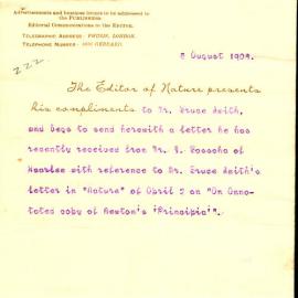 Letter from J. Bosscha to the Editor of Nature in 1908 discussing the identification of annotations in this copy of Principia