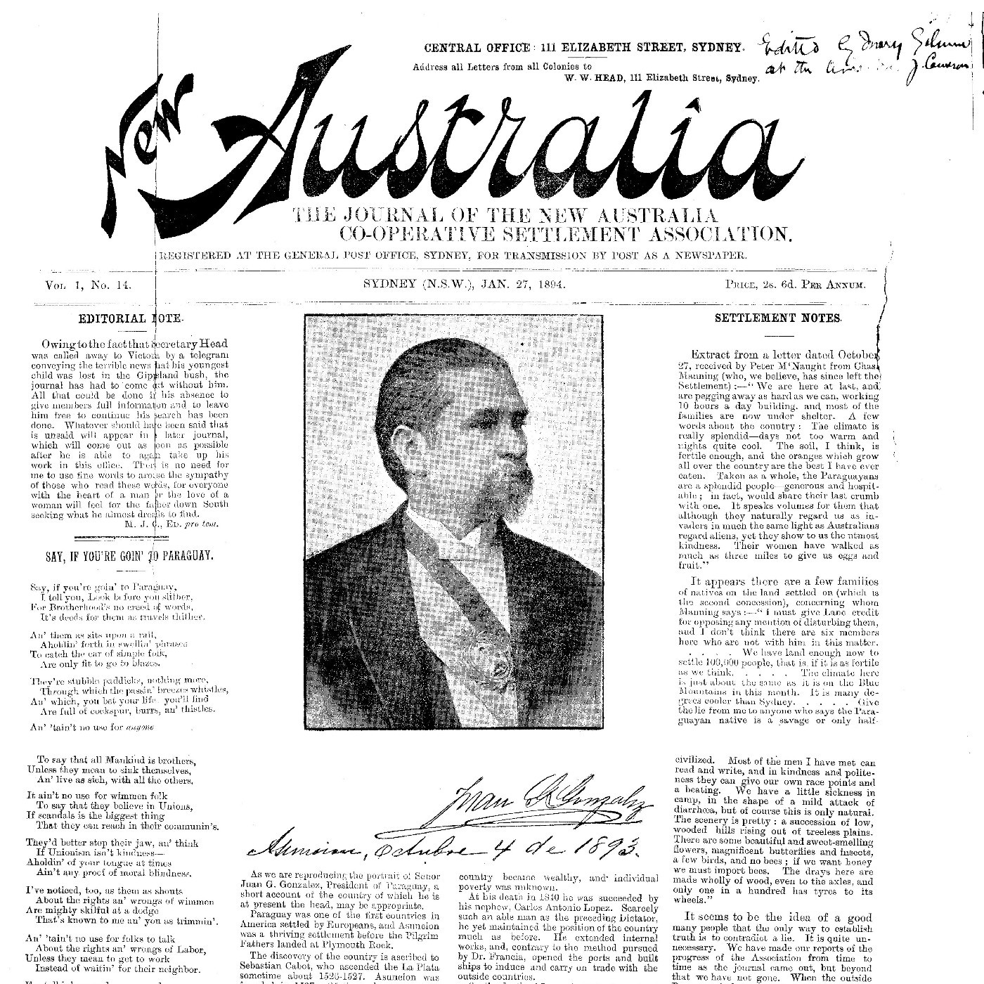 New Australia. Number 14, January 27, 1894