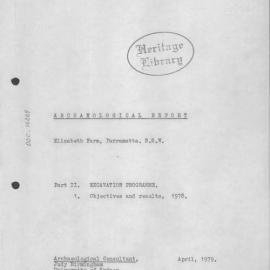 Archaeological Report Elizabeth Farm, Parramatta NSW. Part 2, Excavation Programme.