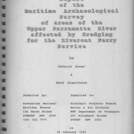 Report of the Maritime Survey of areas of the Upper Parramatta River affected by dredging for the Rivercat Ferry Service.