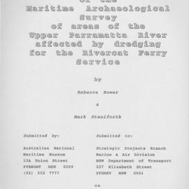 Report of the Maritime Survey of areas of the Upper Parramatta River affected by dredging for the Rivercat Ferry Service.