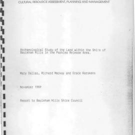 Archaeological Study of the Land Within the Shire of Baulkam Hills in the Parklea Release Area.