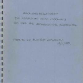 Parramatta Observatory Old Government House Parramatta. The Case for Archaeological Investigation.