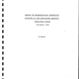 Report on Archaeological Inspection Building A3 and Associated Deposits, Rouse Hill House.